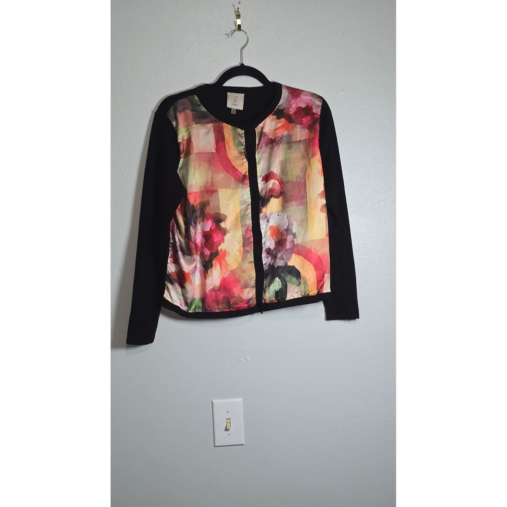 Sioni Womens Floral Mixed Media Open Front Cardigan Black Multi Color Large